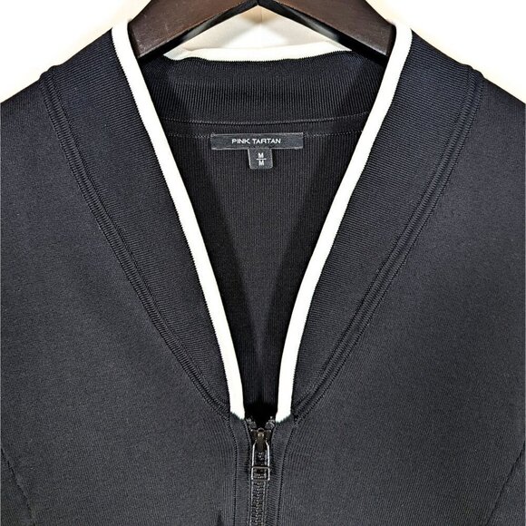 $450 Pink Tartan Canada Sz M Black Ruffle Stretch Open Blazer Jacket White Trim - Picture 3 of 7